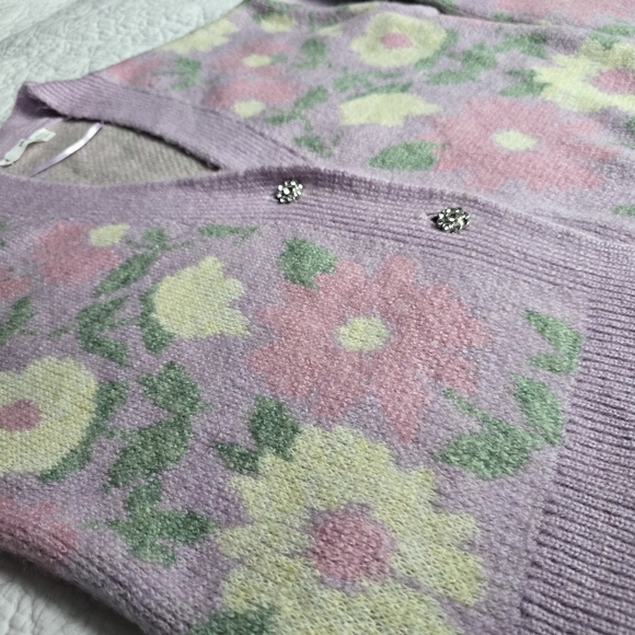 Mango Pastel Floral V-Neck Jewel Button Cardigan - Purple - Picture 6 of 13